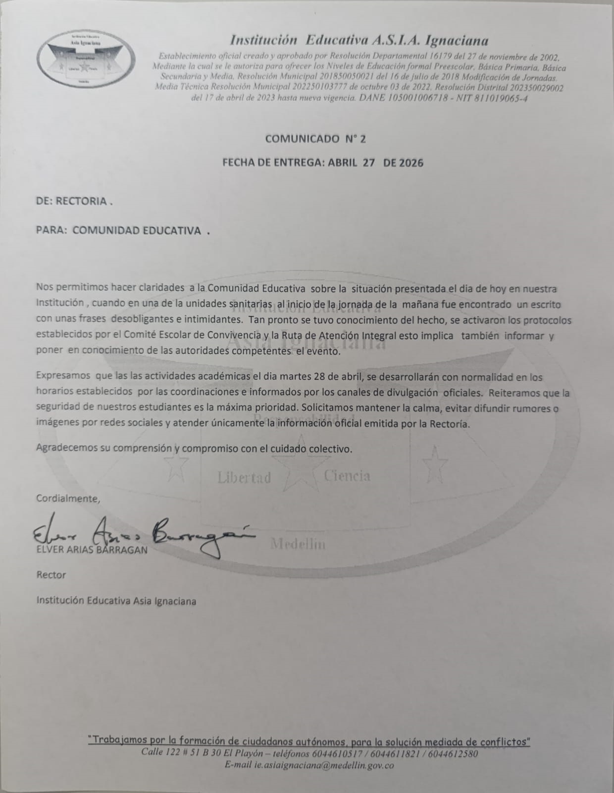 Comunicado N2 Rectoría